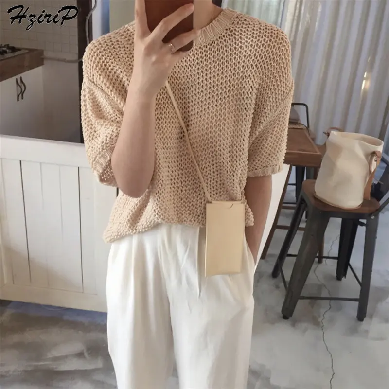 

HziriP Fashion Vintage 2019 Summer Hollow Out Women Light Brief Solid Casual Half-Sleeved Loose Simple All-Match Knitted T-shirt