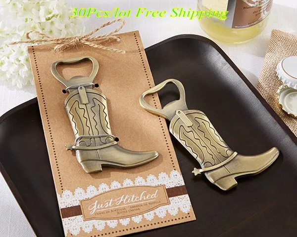 

(30 Pieces/lot) Lace party favors of "Just Hitched" Cowboy Boot Bottle Opener Wedding Gift For wedding souvenirs