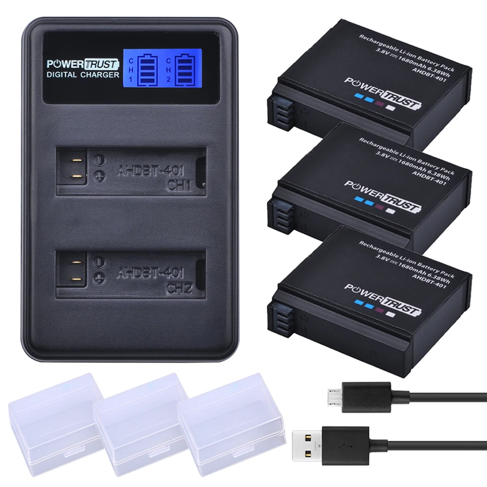 3x PowerTrust 1680 мАч AHDBT 401 для Gopro Hero 4 батарея + LCD USB двойное зарядное устройство GoPro HERO4