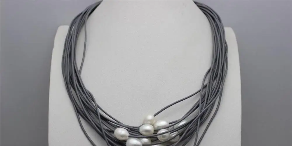 

FREE SHIPPING>>>@@ > white freshwater pearls 15strands gray leather necklace19-23" Alloy "Handmade" a(5.18)