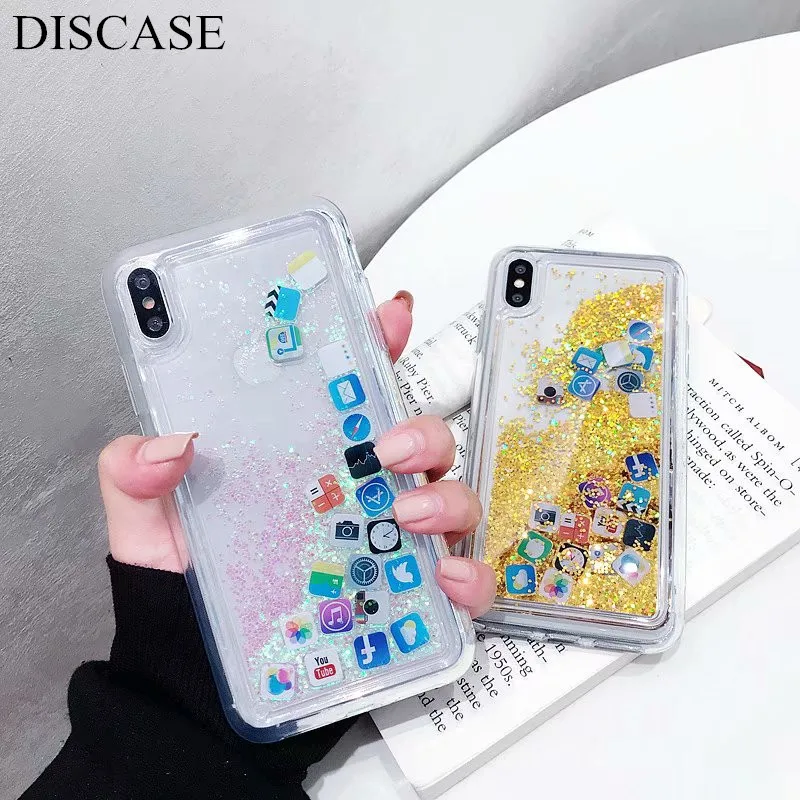 DISCASE Luxury Glitter Phone Case For iphone XS XR XS MAX Cute Liquid Quicksand Icon For iphone X 6 6s 8 7 plus Back Case Cover