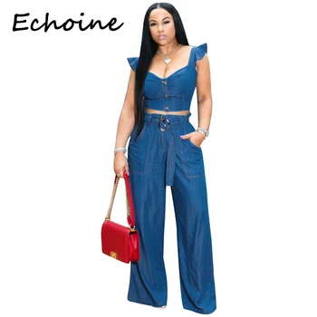 

Echoine Cowboy Women Sets Butterfly Sleeve Short Crop Top +Long Wide Pants Backless Cut Out Button Women Two Piece Outfits
