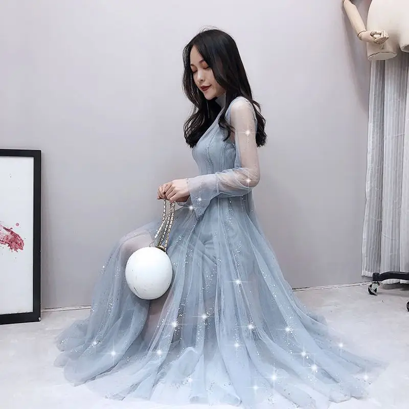 

2019 New Spring Women Boho Mesh Sequined Fairy Dress Female Breathable Comfortable Solid Dresses Ladies Beach Sweet Vestidos Z05
