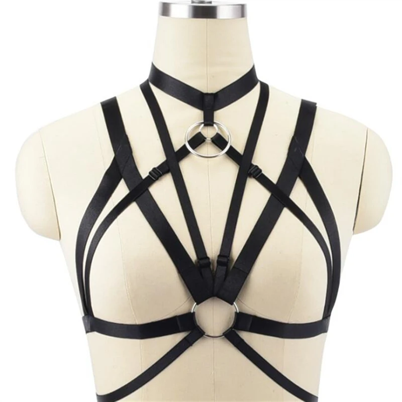 

Gothic Style Black Hollow Out Elastic Cage Bras Choker Wome Bondage Chest Bra Lingerie Erotic Apparel Body Harness Adjustable