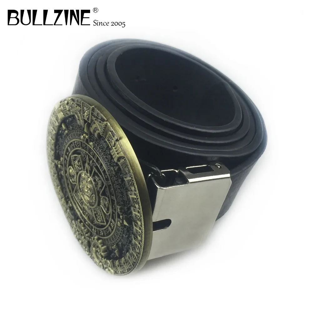 

The Bullzine aztec calendar circle belt buckle with antique brass finish with PU belt with connecting clasp FP-03217-1 drop ship