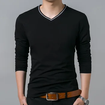 

2020 New Fashion Brand Tshirt Men Mercerized Cotton Slim Fit Trends Tops Street Style V Neck Long Sleeve Tee Mens Clothing