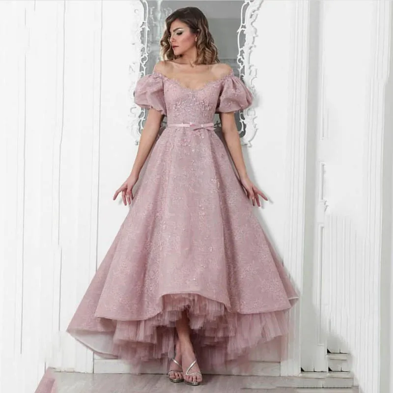 

2019 Pink Lady Evening Dress Off the shoulder Ankle Length Evening Dresses Long High-Low Party Gown