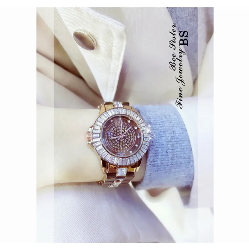 

New Imported Quartz Movement Ladies Watch Brown Round Rhinestone Dial Female Watch Alloy Bracelet Full Crystal