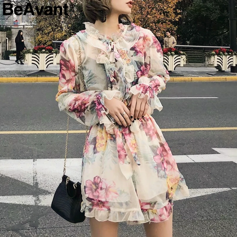 

BeAvant Vintage ruffle floral women jumpsuit rompers High waist print summer beach playsuit Long sleeve casual loose overalls
