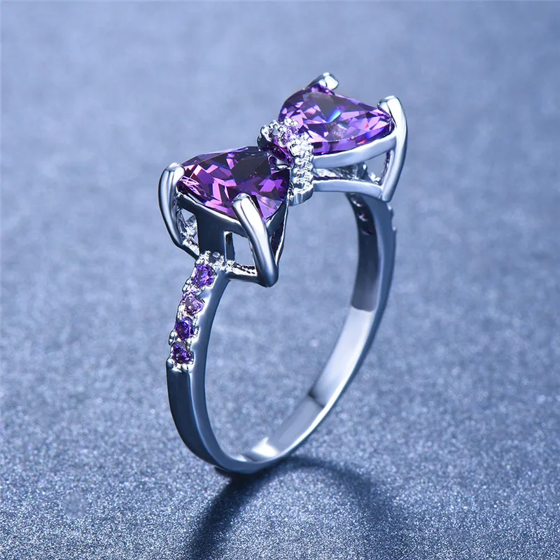 Роскошное женское Кристальное пурпурное каменное кольцо милый дизайн Маленький бант обручальное кольцо Бохо женские обручальные кольца