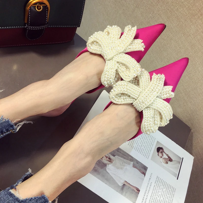 

Elegant beaded butterfly-knot mules slippers women pointed toe flat shoes korean brand designer bow-knot pearl slides sandals