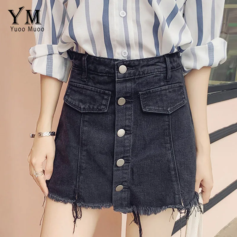 Style1 Black YuooMuoo, однобортная Корейская летняя юбка, шорты для женщин,, высокая талия, карман, джинсовые шорты, Ретро стиль, потертая юбка с бахромой - Цвет: Style1 Black