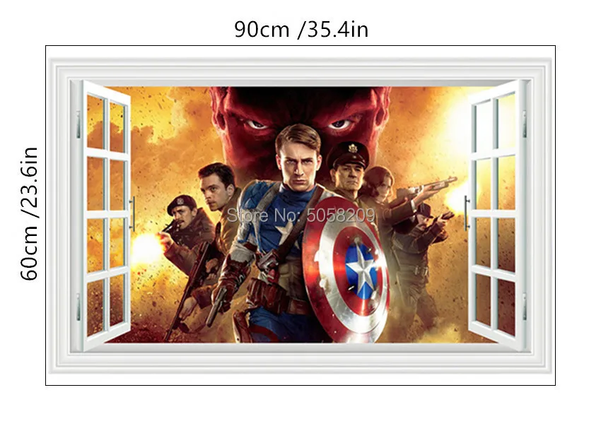 Фильм Мстители постер Супер Герои 3d поддельные окна стены художественные виниловые наклейки для детской комнаты украшения marvel обои 90*60 см