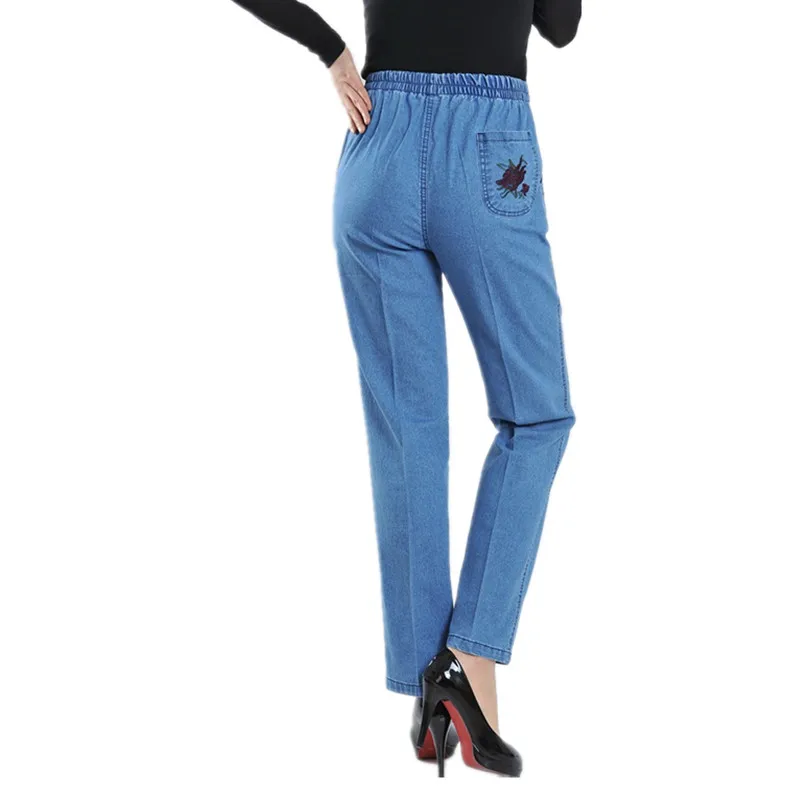 2018 jeans women Spring and summer ladies plus size elastic waist jeans casual pants loose straight embroidery capris