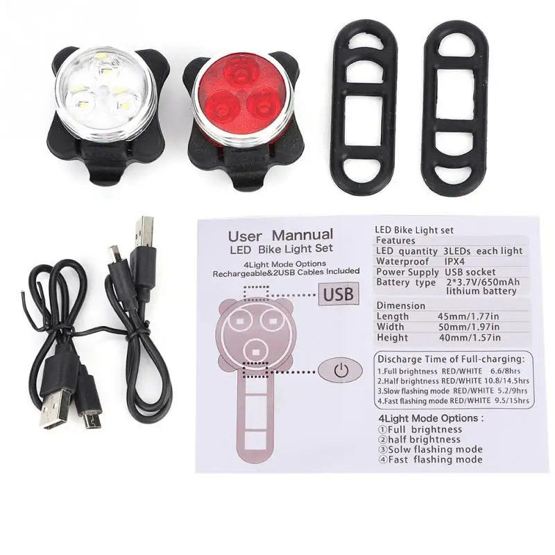 Waterproof Bike Light Set USB Rechargeable Bicycle Led Light 4 Modes