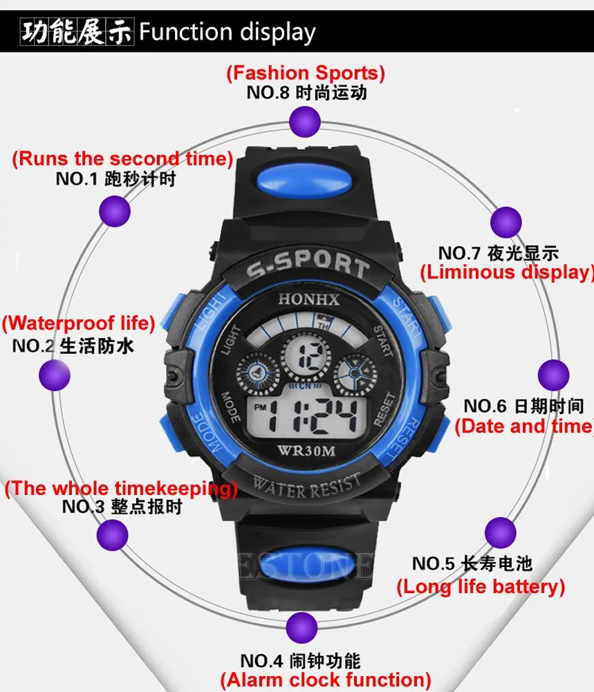 JAVRICK мальчик дети цифровой светодиодный водонепроницаемый кварцевый секундомер Дата Будильник спортивные наручные часы