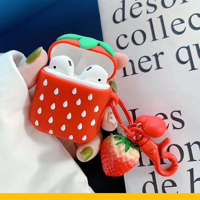 Silicone Cases For AirPods Cover 3D Cute Strawberry Earphone Case For Apple Airpods 2 Air pods 2 Protective Sleeve with Pendant