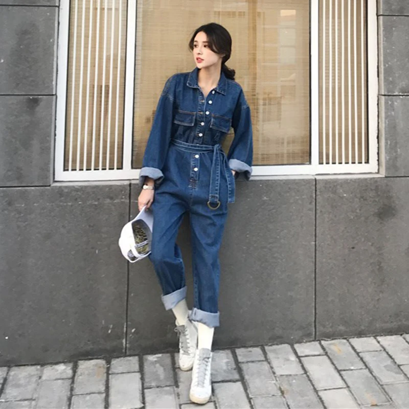 Женские джинсовые комбинезоны корейские Комбинезоны с длинными рукавами винтажные повседневные свободные джинсы с поясом Комбинезоны женские брюки карго одежда