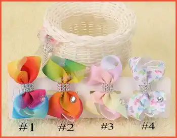 

free shipping 60pcs 3'' rainbows boutique hair bows polka dot abc hair clips rhinestones girl hair accessories