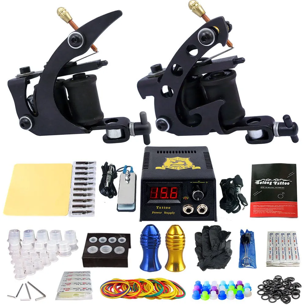 

Complete Tattoo Kits 2 Pro Coil Tattoo Machine Guns Power Supply 20 Needles Grip Tip Needle Taty Set tk202-1
