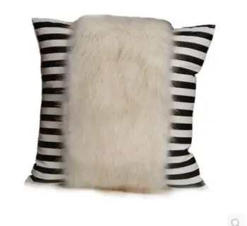 

luxury white fur black white striped cushion pillowcase sofa office pu leather throw pillow cover for cushion