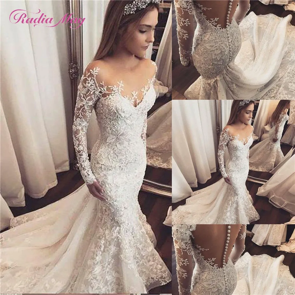 

Vintage Lace Long Sleeves Mermaid Wedding Dress Illusion Back Appliques Bead African Wedding Gowns Plus Size Bridal Dresses 2019