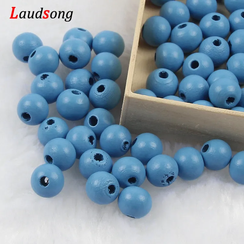 DIY 50-500pcs 6 8 10 12mm Gold Silver Natural Wooden Beads Round Ball Loose Wood Spacer Beads For Jewelry Making Accessories - Color: Sky Blue