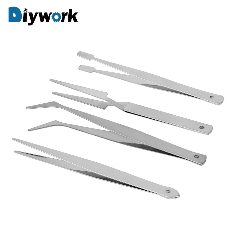 

DIYWORK 4pc/Set Stainless Steel Tweezers Hand Tool DIY Crafts Modelling Soldering Trade Work Tool