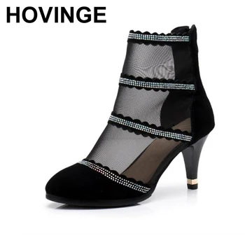 

HOVINGE spring summer pointed head mesh high-heeled diamond large size women's net boots hollow Thin heels Female