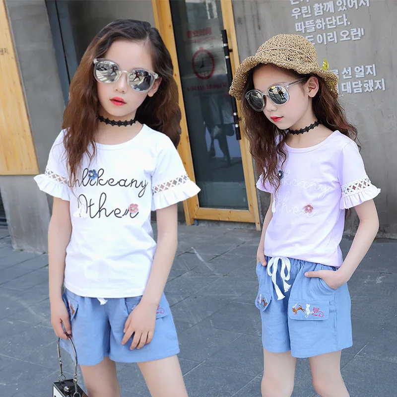 

2018 New Girls Summer Clothes Children Twinset Kids Fashion Letters Printing T-shirt Jean Shorts Outfits Beachwear Clothing Set