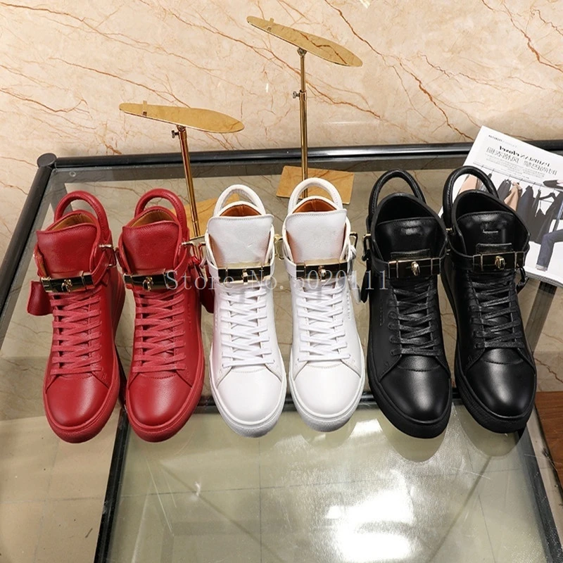 

Grenuine Leather Gold Lock Embellished Mens Sneaker High Top Lace Up Flats Round Toe Soft And Comfortable Men Shoes Big size