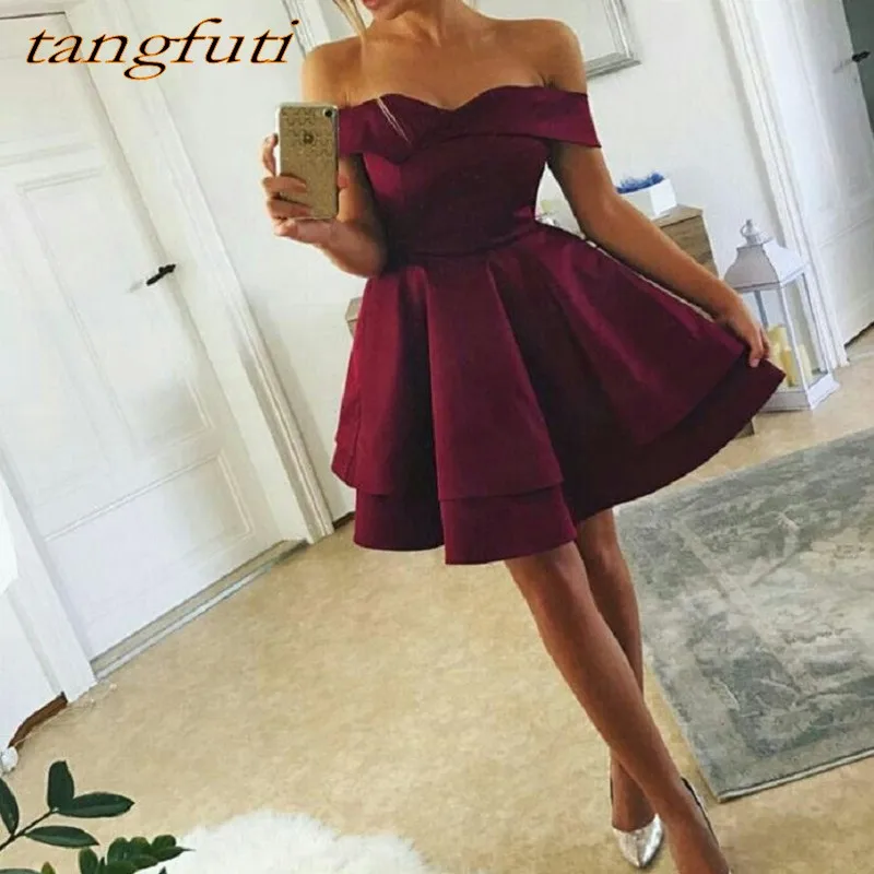 

Dark Red Short Cocktail Dress Off The Shoulder A-Line for Graduation Prom Party Coctail Dress vestido de festa curto coctel