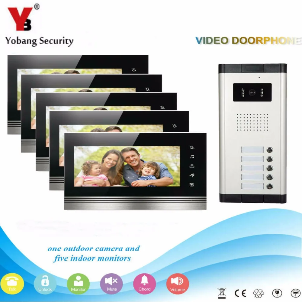 YobangSecurity Video Door Phone Intercom Entry System 7Inch Monitor Video Doorbell Doorphone Camera Intercom 1 Camera 5 Monitor