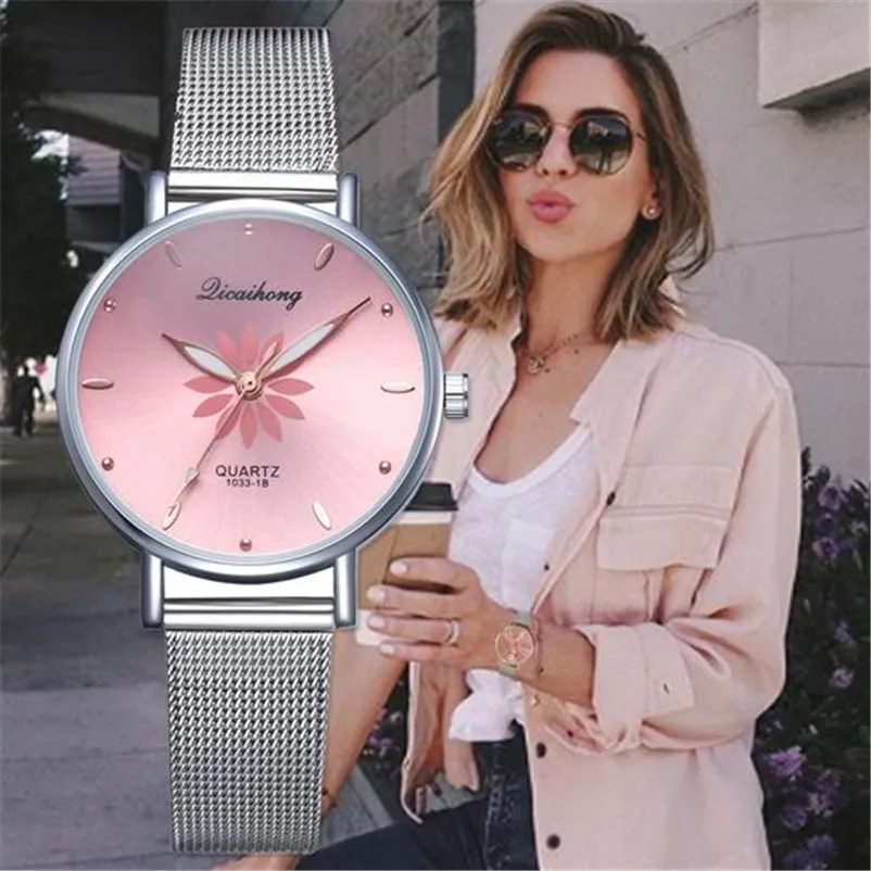 

Watches For Women Luxury Silver Popular Pink Dial Flowers Metal Ladies Bracelet Quartz Clock Ladies Wrist Watch 2018 New