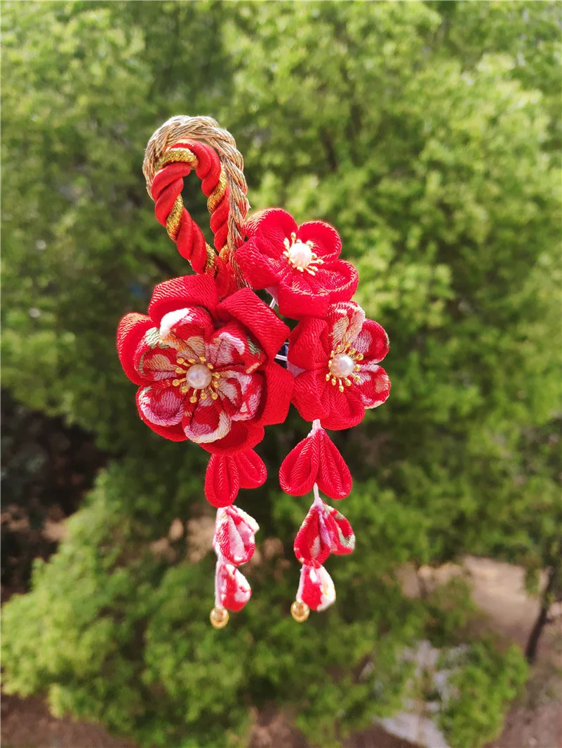 Estilo japonês tsumami kanzashi rosa vermelho sakura