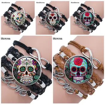 

Mendittorosa Mexican Sugar Skull Color Jewelry With Glass Cabochon Multilayer Black/Brown Leather Bracelet Bangle For Women