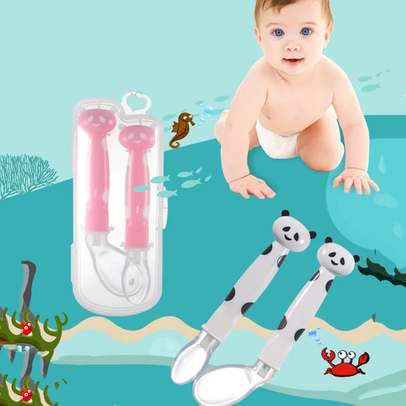 

ideacherry 2Pcs/Set Baby Cartoon Spoon Set Baby Feeding Curved Bend Spoon Silicone Kids Eating Cutlery Baby Flatware Accessories