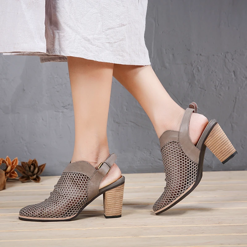 

VALLU 2018 Women Leather Shoes Slingback Pumps Hollow Out Breathable High Heels Summer Shoes Buckle Block Heel Sandals