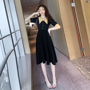 

Women Turn-down Collar Singer Button Reversible Two Side Summer Clothes for Women Black Dress Big Swing Vintage Korean Dress