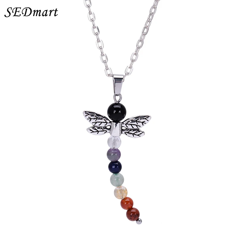 

SEDmart 7 Chakra Natural Stone Beads Dragonfly Pendant Necklace Silver Color Opal Animal Necklaces