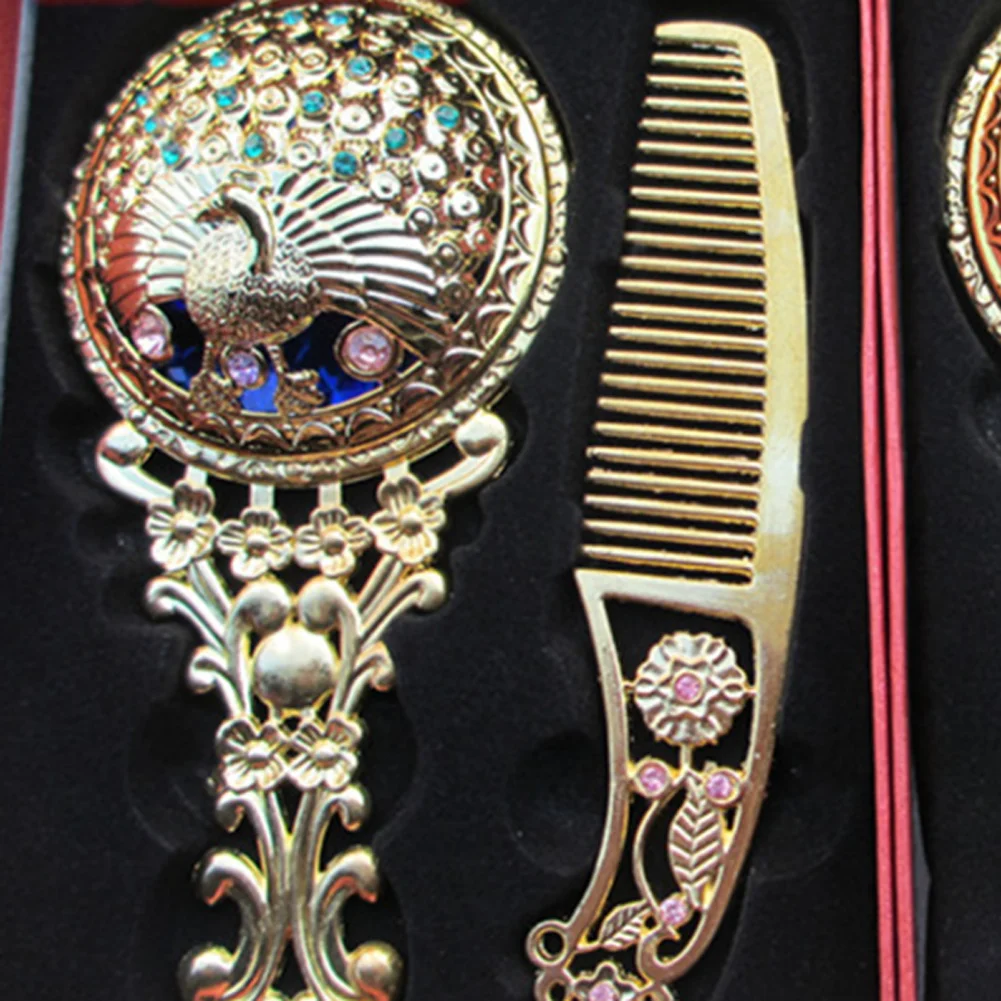 Классическое Ретро винтажное компактное зеркальце для макияжа медное Золотое выдалбливающее косметическое ручное зеркало с расческой для волос