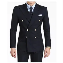 2017 Double-Breasted Side Vent Groom mens suit Tuxedo navy Blue Peaked Lapel Mens Wedding suits Dress Clothing (Jacket+Pants)