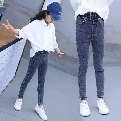 Fashion Autumn Casual Girls Soft Jeans Cotton Children Skinny Denim Pants Kids Girls Clothes Warm Elastic Waist Trousers - Цвет: 2