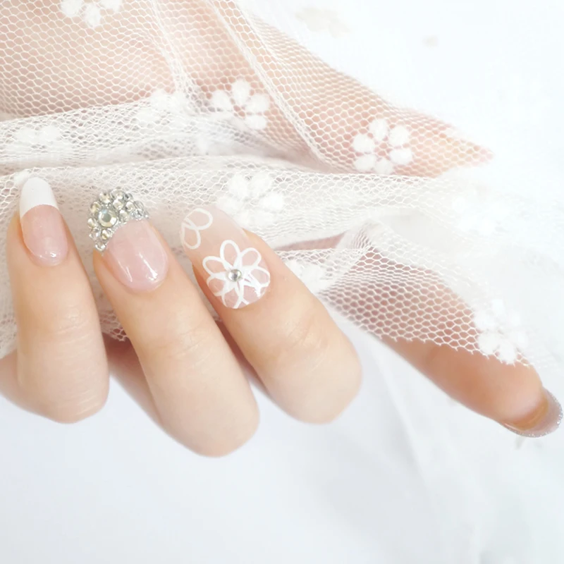 

24pcs Full Nail Tips French Design False Nails 3D Rhinestone Flower Decor Wedding Bride Fake Nail For Nail Art