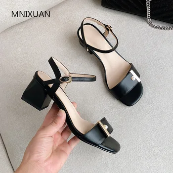 

MNIXUAN Classics mature office lady shoes summer women sandals high heels 2019 real leather open toe thick heel buckle big size9