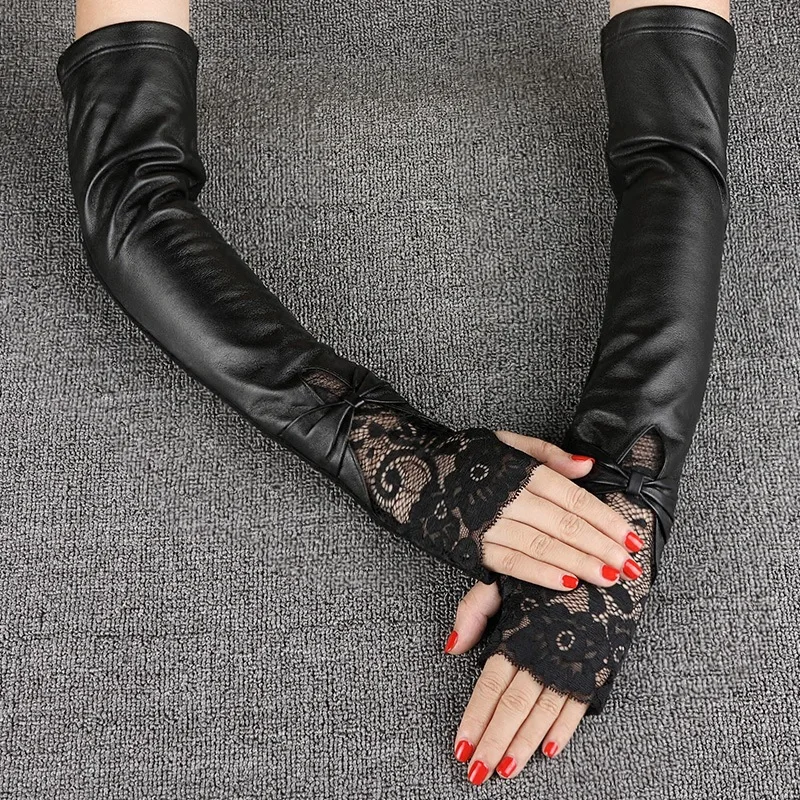 Fashion Black Lace Sheepskin Gloves Female 40cm Long Arm Warmers Women Semi-Fingers Gloves Genuine Leather Half Finger Mittens