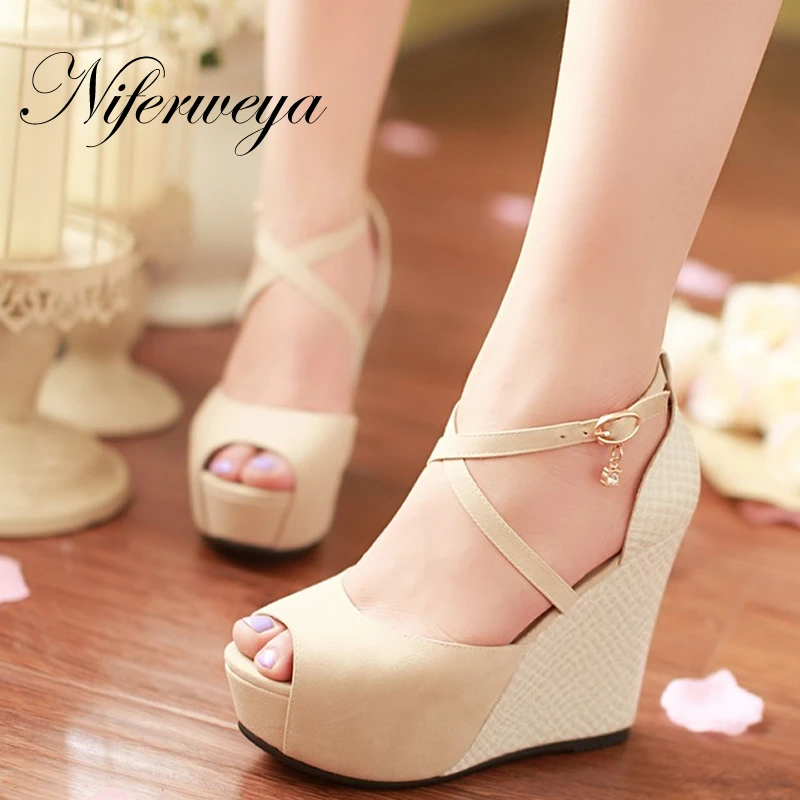 

New summer women shoes sexy Peep Toe Platform Wedges high heels big size 32-45 Buckle Strap party sandals zapatos mujer