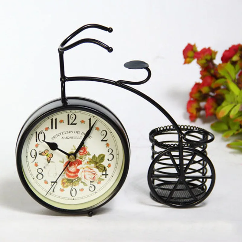 Pastoral Metal Desktop Clock Vintage Pen Holder Table Clocks Decorative Relogio De Parede Kids