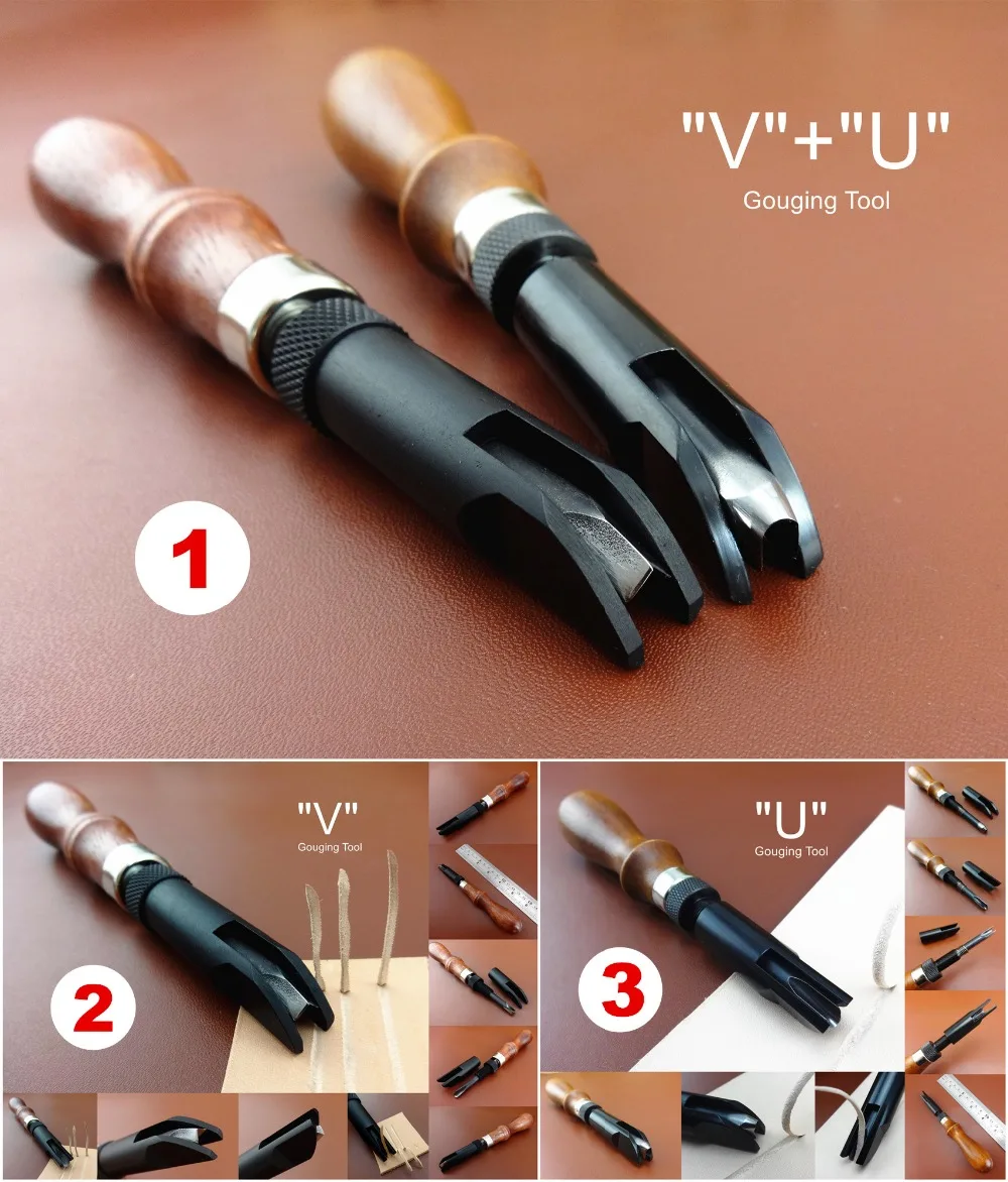 

3kinds Leather Craft Adjustable "V" "U" Push Grooving Gouge Gouging Device Tool Sewing Stitching Carving Stamping Knife Cutter
