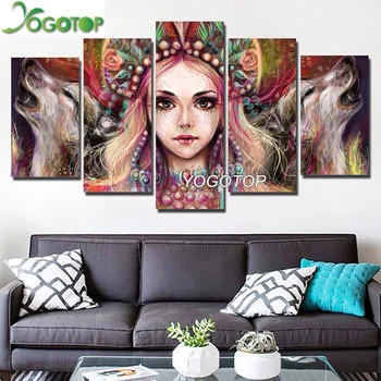 

YOGOTOP DIY Diamond Painting Cross Stitch Kits Full Diamond Embroidery 5D Square Mosaic Decor Indian girls and wolves 5pcs ML326